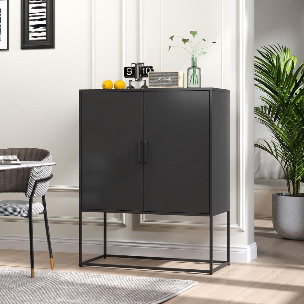  Black Heavy-Duty Metal Sideboard, 2 Shelves, Magnetic Doors Freestanding, For Home, Anti-Tip, Easy Assemble