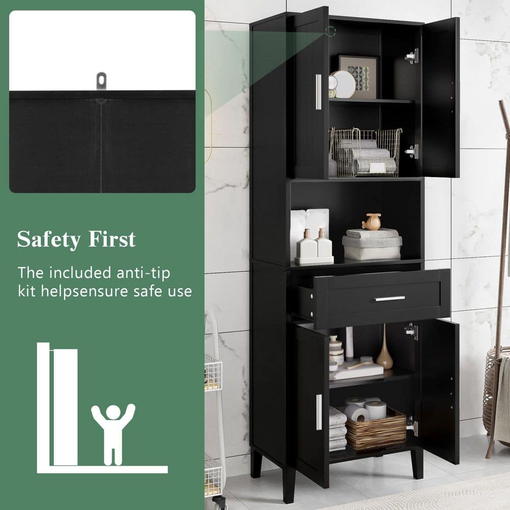  70.9in.H Freestanding Tall Bathroom Cabinet With 1 Drawer, 4 Soft-Close Doors, 2 Adjustable Shelves In Black