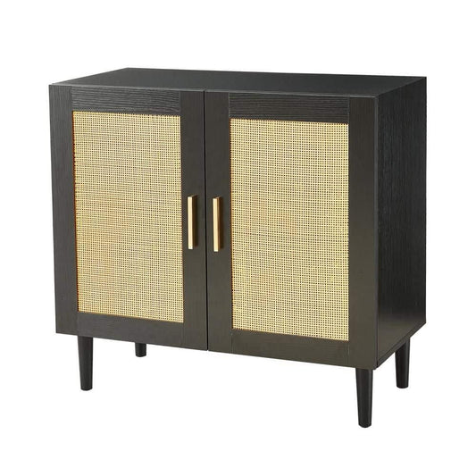  Rattan Storage Buffet: Side Panel Design, Natural Doors, Adjustable Shelves In Black