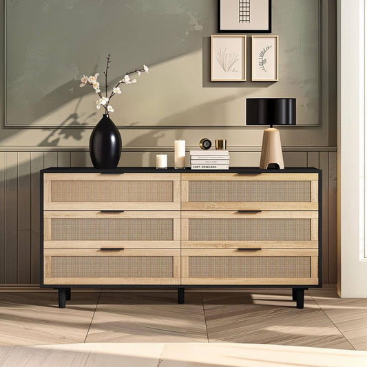  59.06 In. 6-Drawers Rattan Storage Cabinet Rattan Drawer, For Bedroom, Living Room, Black