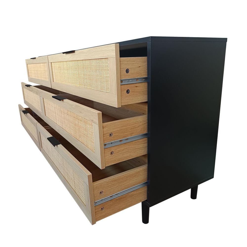  59.06 In. 6-Drawers Rattan Storage Cabinet Rattan Drawer, For Bedroom, Living Room, Black