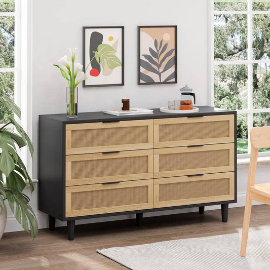  51.18 In. 6-Drawers Rattan Storage Cabinet Rattan Drawer With White Drawer Slides, For Bedroom, Living Room, Black
