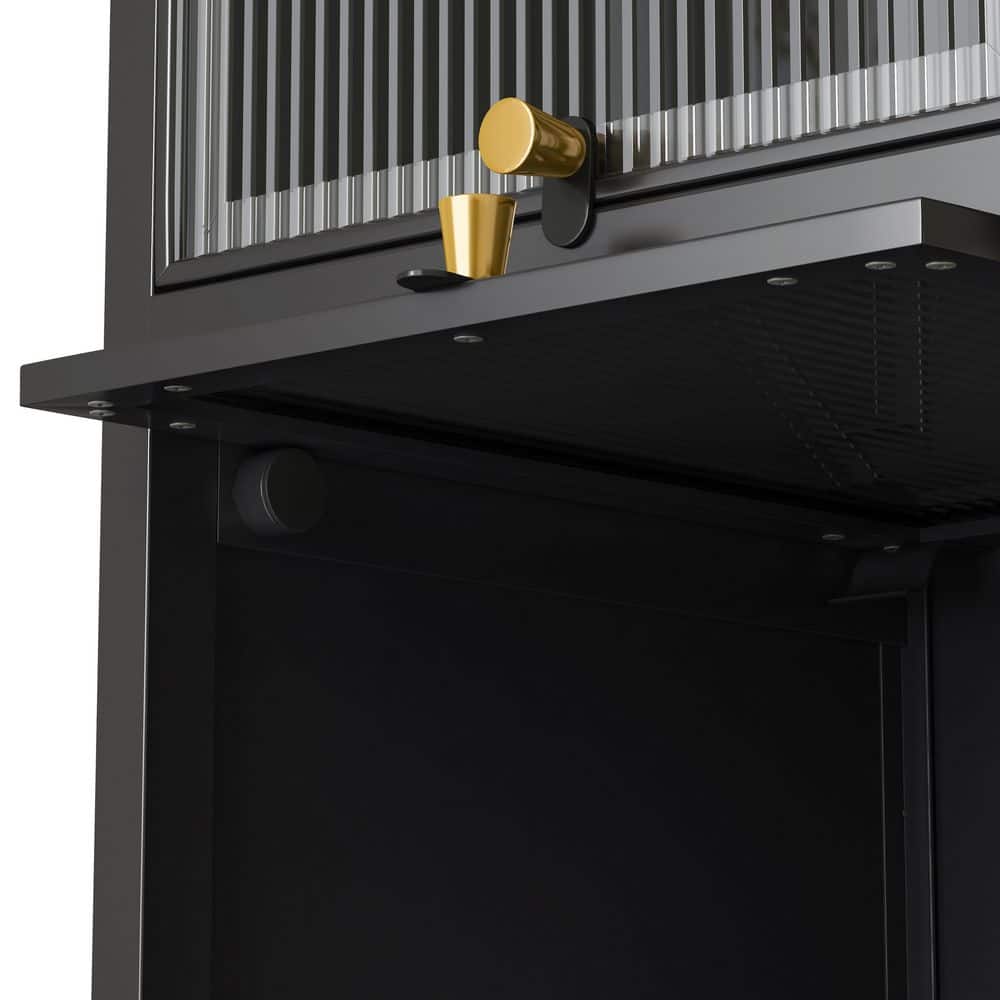  Modern Black 4-Tier Glass Door Cabinet With 5-Tier Storage, For Entryway, Living Room, Bathroom, Dining Room