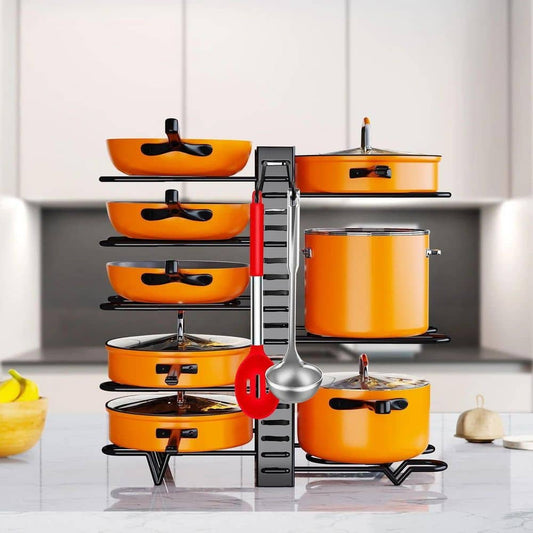  Upgraded 8-Tier Adjustable Heavy-Duty Black Pot & Pan Organizer Rack With Lid Holder (Countertop/Cabinet) Standing Rack