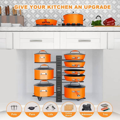  Upgraded 8-Tier Adjustable Heavy-Duty Black Pot & Pan Organizer Rack With Lid Holder (Countertop/Cabinet) Standing Rack