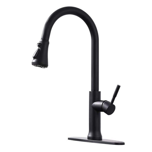 18.7 In. Single Handle Pull Down Sprayer Kitchen Faucet 360° Spout Swivel In Black