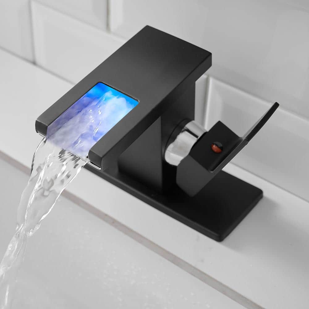  Bathroom Sink Faucet LED Light 3 Colors Changing Waterfall Glass Spout Hot Cold Water Mixer Single Handle
