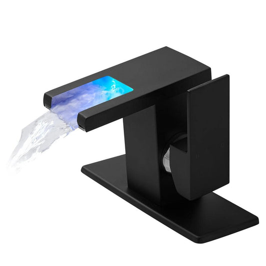  Bathroom Sink Faucet LED Light 3 Colors Changing Waterfall Glass Spout Hot Cold Water Mixer Single Handle