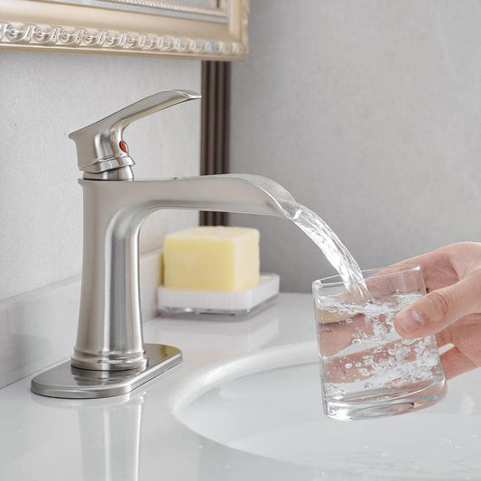  Sink Faucet With Deck Plate Waterfall Brushed With Pop Up Drain And Supply Lines Bathroom Faucets