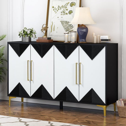  4-Door Cabinet With 2-Tone Triangular Pattern Doors-Versatile Storage For Entryway, Hallwa In Black White