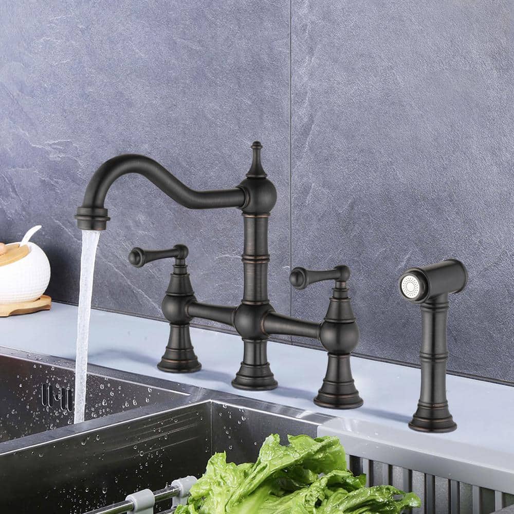  Double Handle Bridge Kitchen Faucet In VBronze