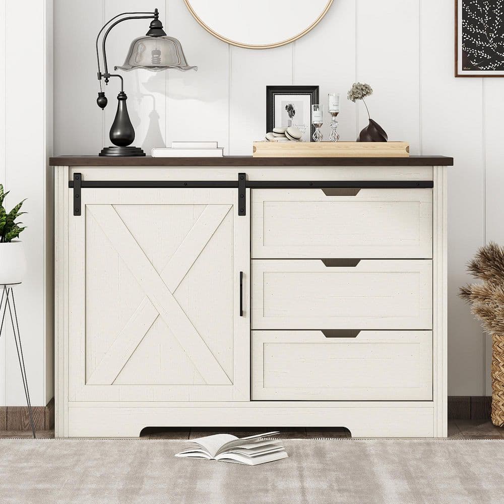  Antique BrownStorage Cabinet-Drawer Dresser With Silent Sliding Doors, Ideal For Dining, Living And Bedroom
