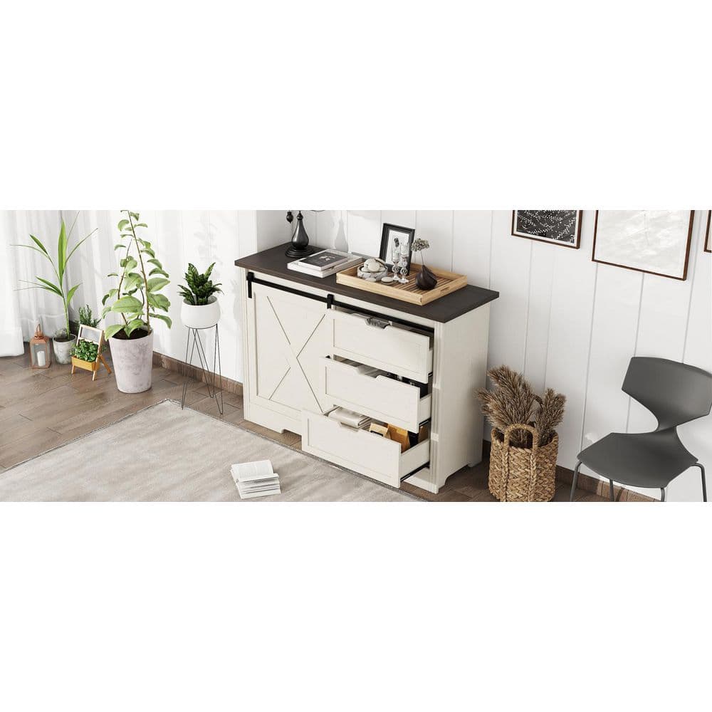  Antique BrownStorage Cabinet-Drawer Dresser With Silent Sliding Doors, Ideal For Dining, Living And Bedroom