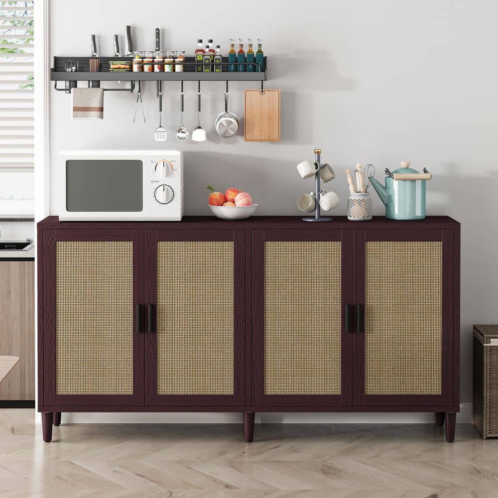  70in. 4-Door Rattan Buffet Cabinet: Adjustable Shelves In Brown