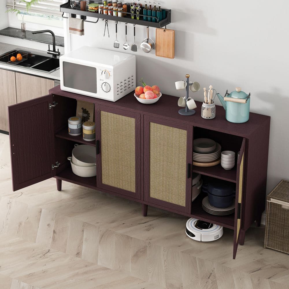  70in. 4-Door Rattan Buffet Cabinet: Adjustable Shelves In Brown