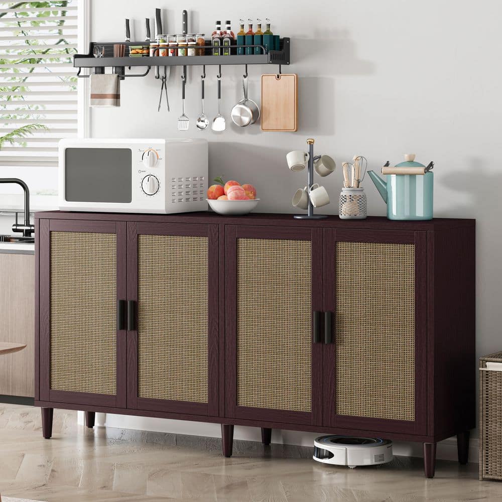  70in. 4-Door Rattan Buffet Cabinet: Adjustable Shelves In Brown