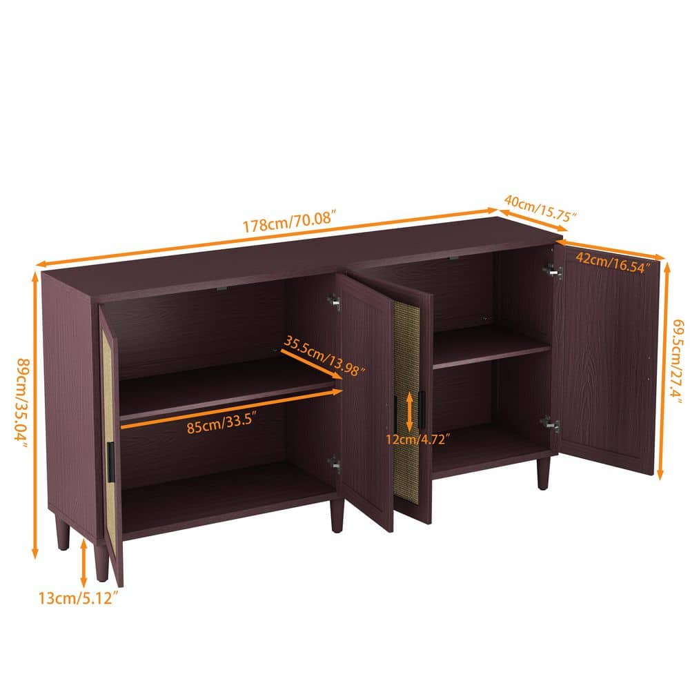  70in. 4-Door Rattan Buffet Cabinet: Adjustable Shelves In Brown