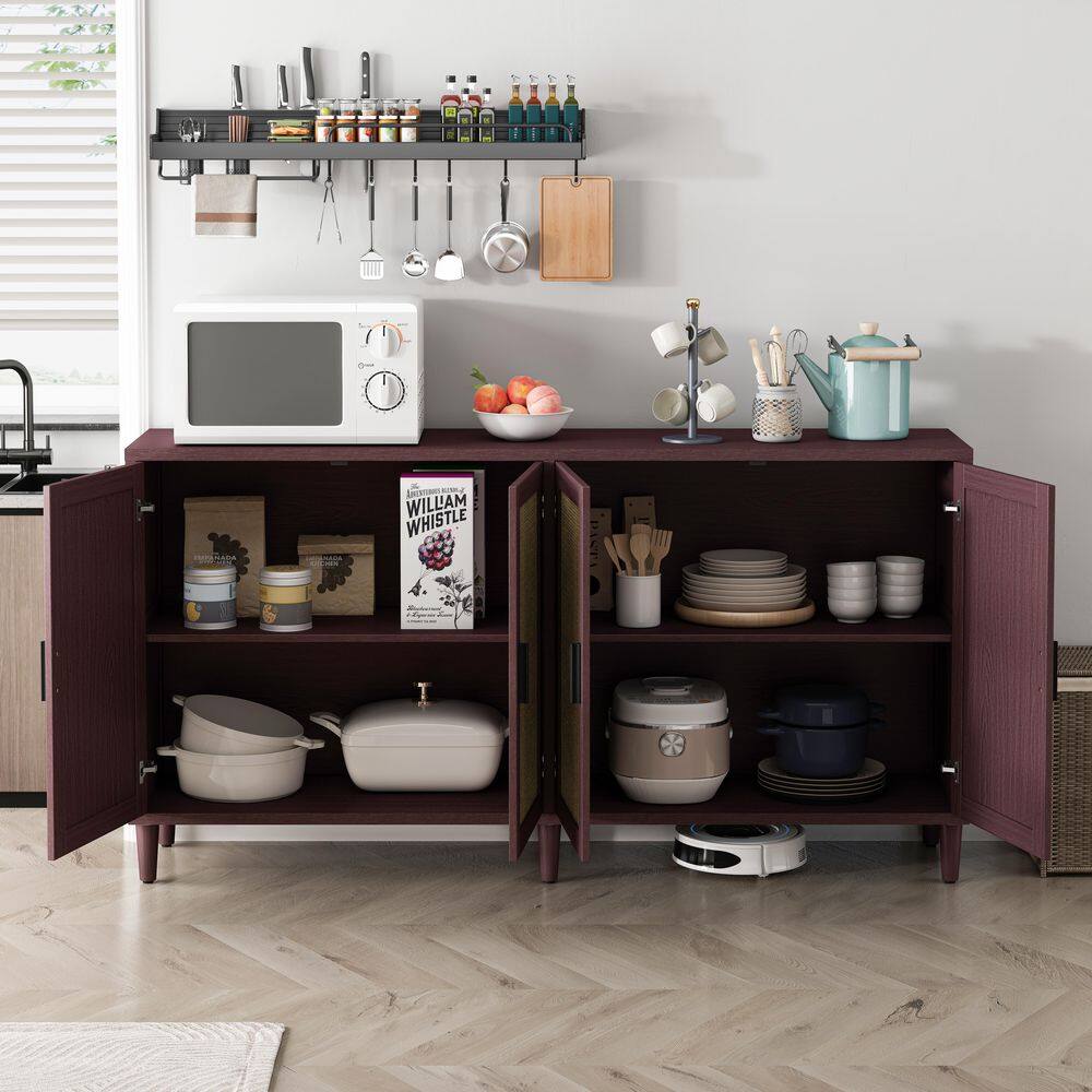  70in. 4-Door Rattan Buffet Cabinet: Adjustable Shelves In Brown