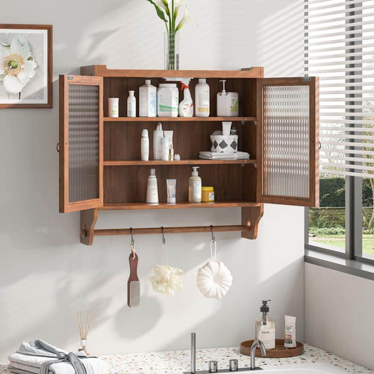  24.8 In. Vintage Brown Triple-Tier Glass Door Wall Cabinet With Towel Rack For Multiple Rooms