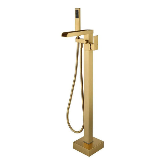  1-Handle Swivel Spout Freestanding Waterfall Tub Filler With Hand Shower In Brushed Gold
