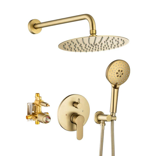  3-Spray Patterns With 2.5 GPM 10 In. Wall Mount Shower System Set Dual Shower Heads With Handheld Spray In Brushed Gold