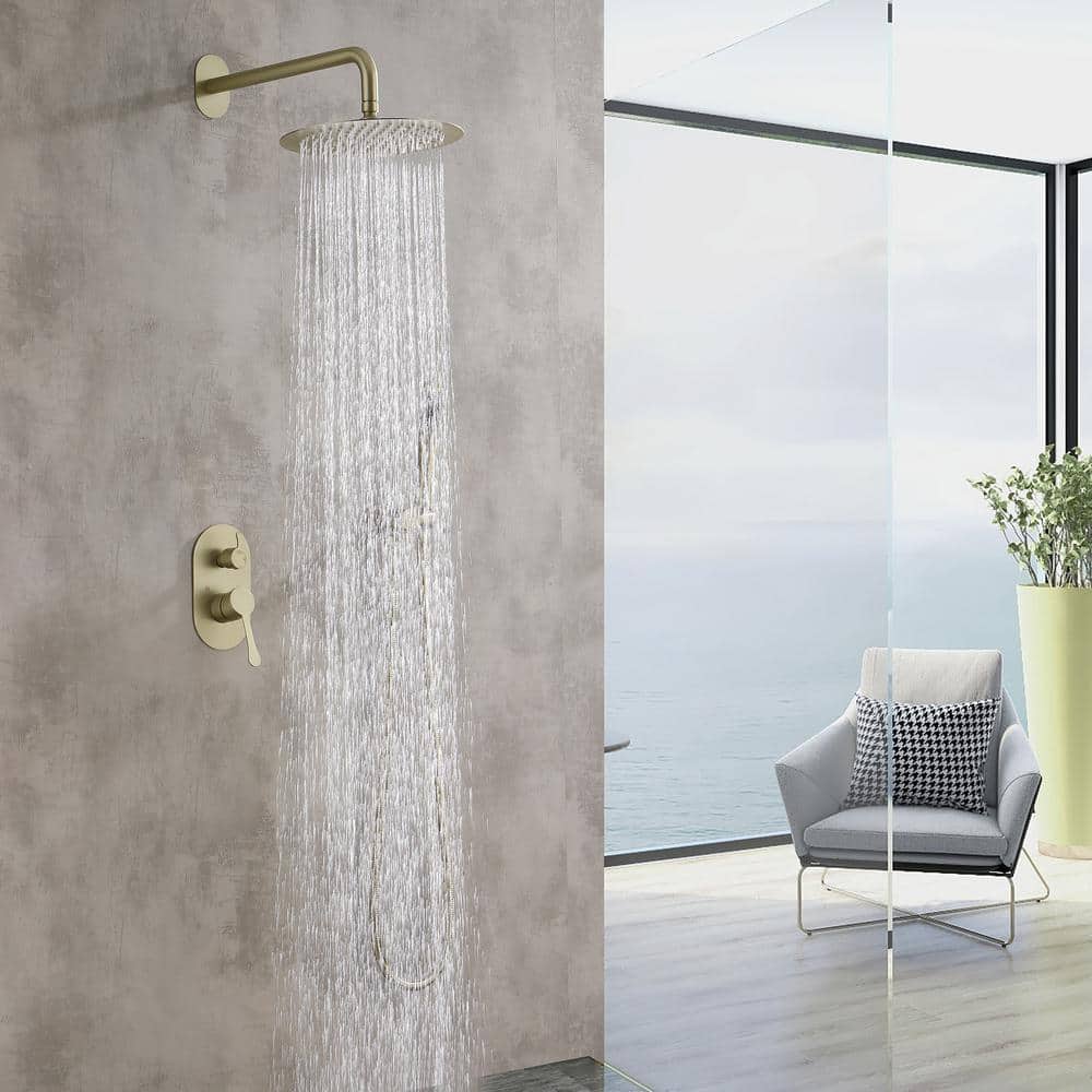  2-Spray Wall Mounted Fixed And Handheld Shower Head Waterfall Rain Shower System In Brushed Gold
