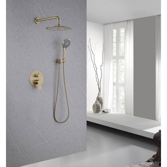  1-Spray Dual Wall Mounted Fixed And Handheld Shower Head 2.5 GPM Rain Shower Faucet In Brushed Gold