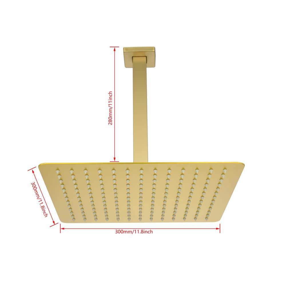  1-Spray Patterns With 2.5 GPM 12 In. Ceiling Mount Rain Fixed Shower Head In Brushed Gold