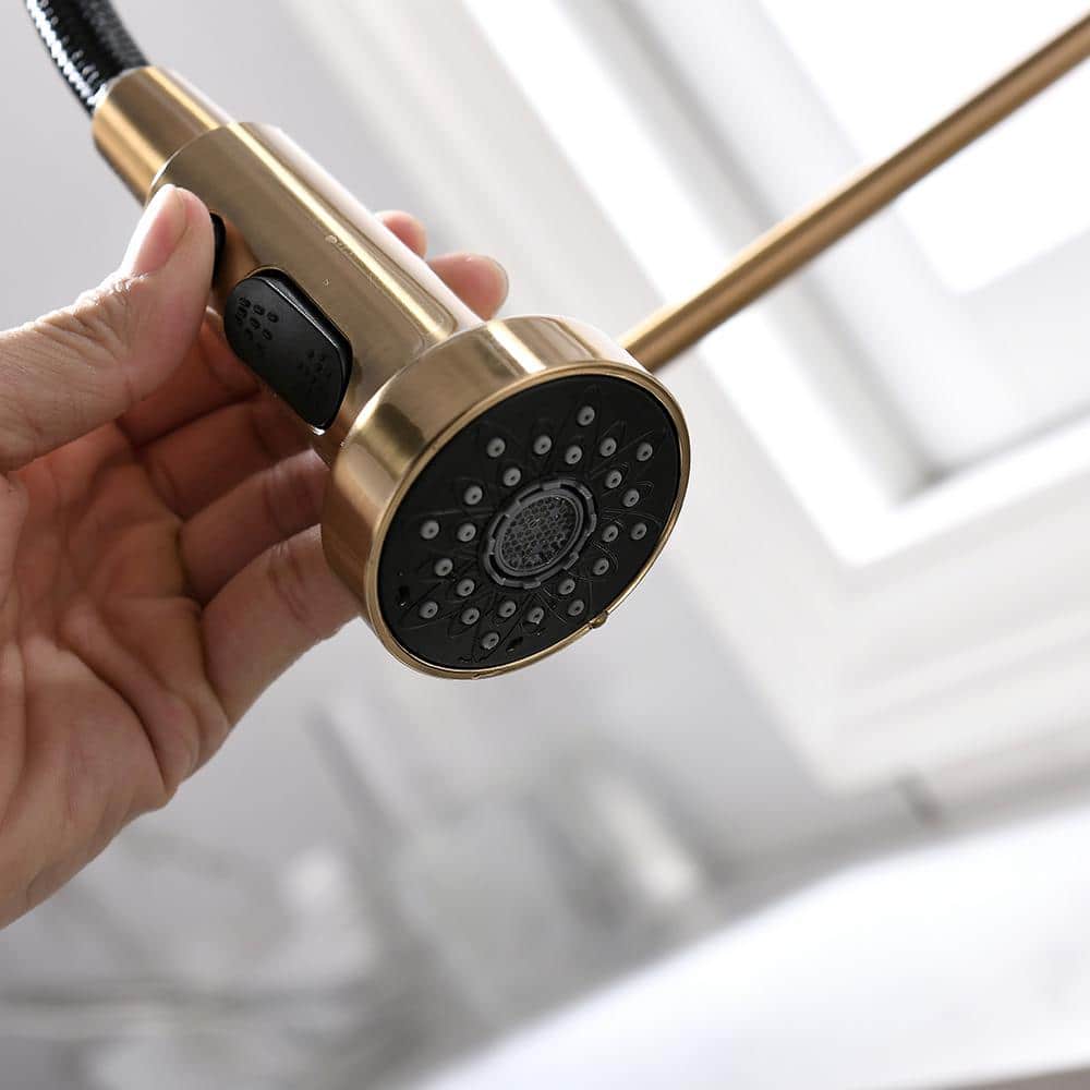  Single Handle Deck Mount Pull Down Sprayer Kitchen Faucet In Brushed Gold