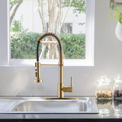 Single Handle Deck Mount Pull Down Sprayer Kitchen Faucet In Brushed Gold