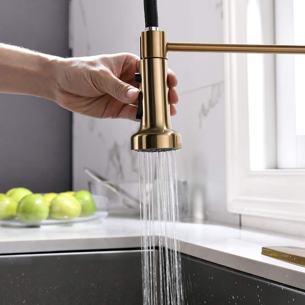  Single Handle Deck Mount Pull Down Sprayer Kitchen Faucet In Brushed Gold