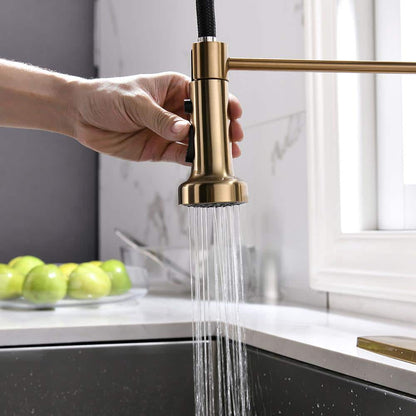  Single Handle Deck Mount Pull Down Sprayer Kitchen Faucet In Brushed Gold