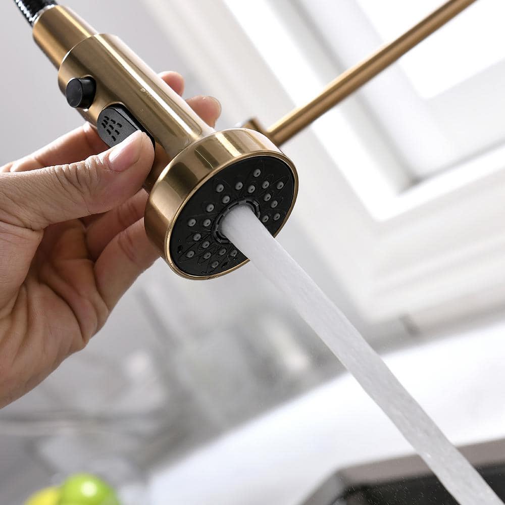  Single Handle Deck Mount Pull Down Sprayer Kitchen Faucet In Brushed Gold
