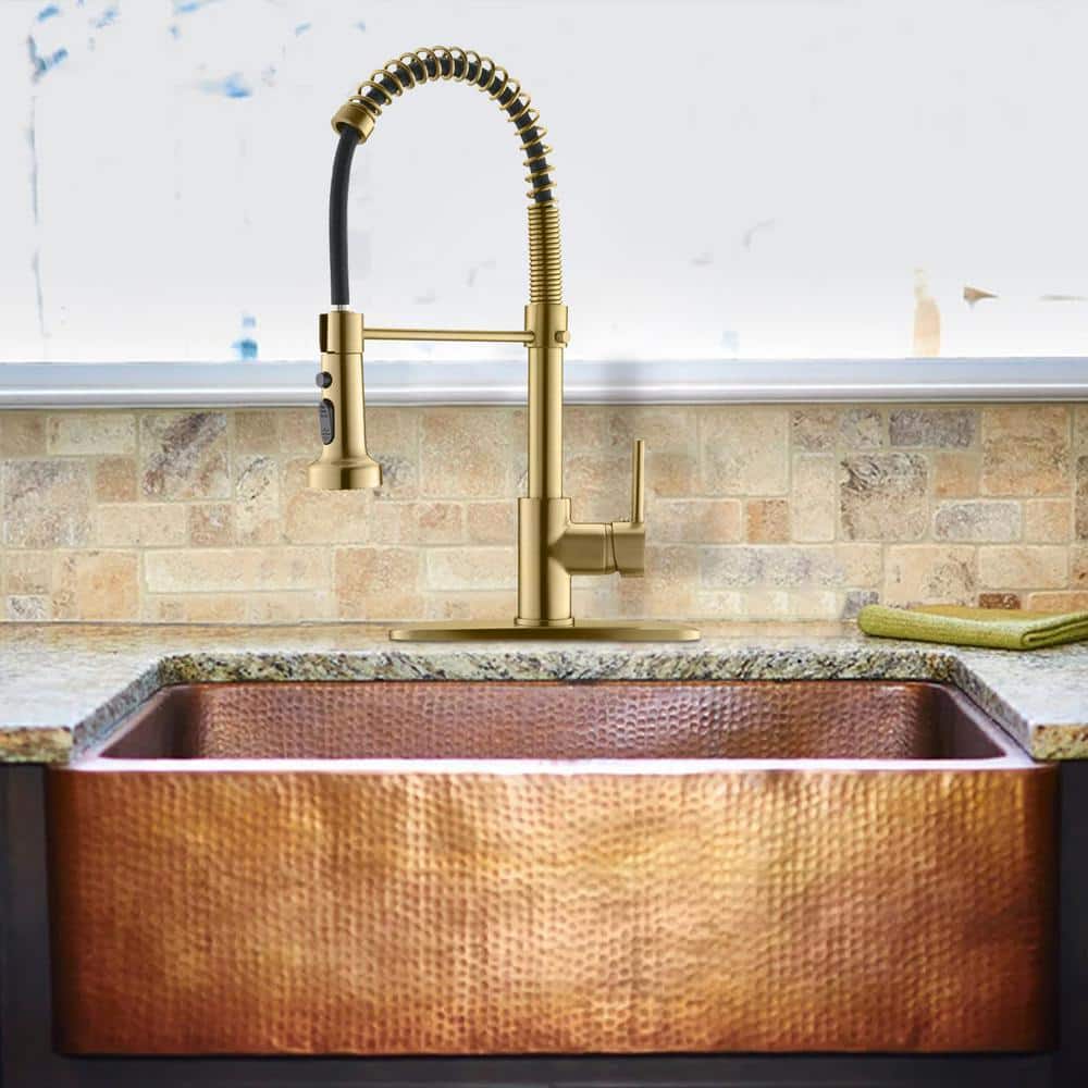  Single Handle Deck Mount Pull Down Sprayer Kitchen Faucet In Brushed Gold