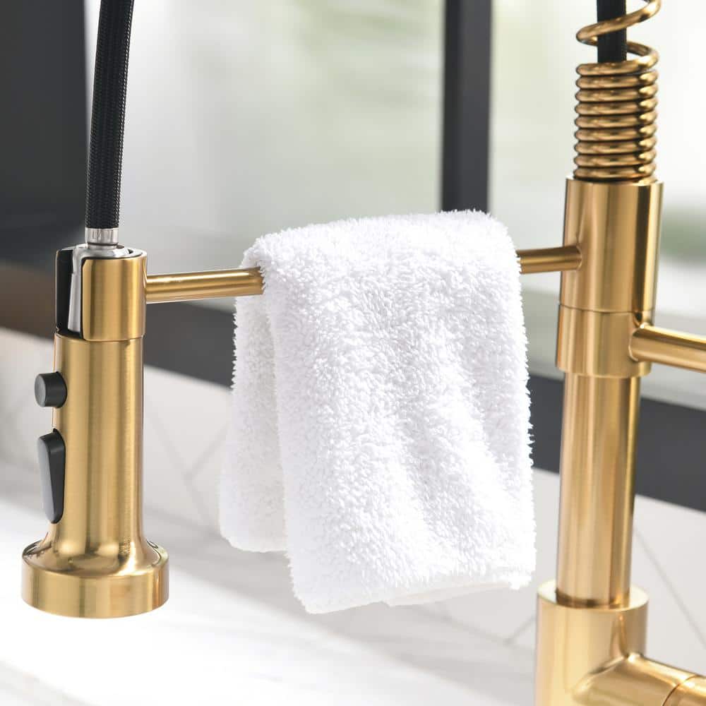  Single Handle Pull-Down Sprayer Kitchen Faucet 3 Way Without Deck Plate In Brushed Gold