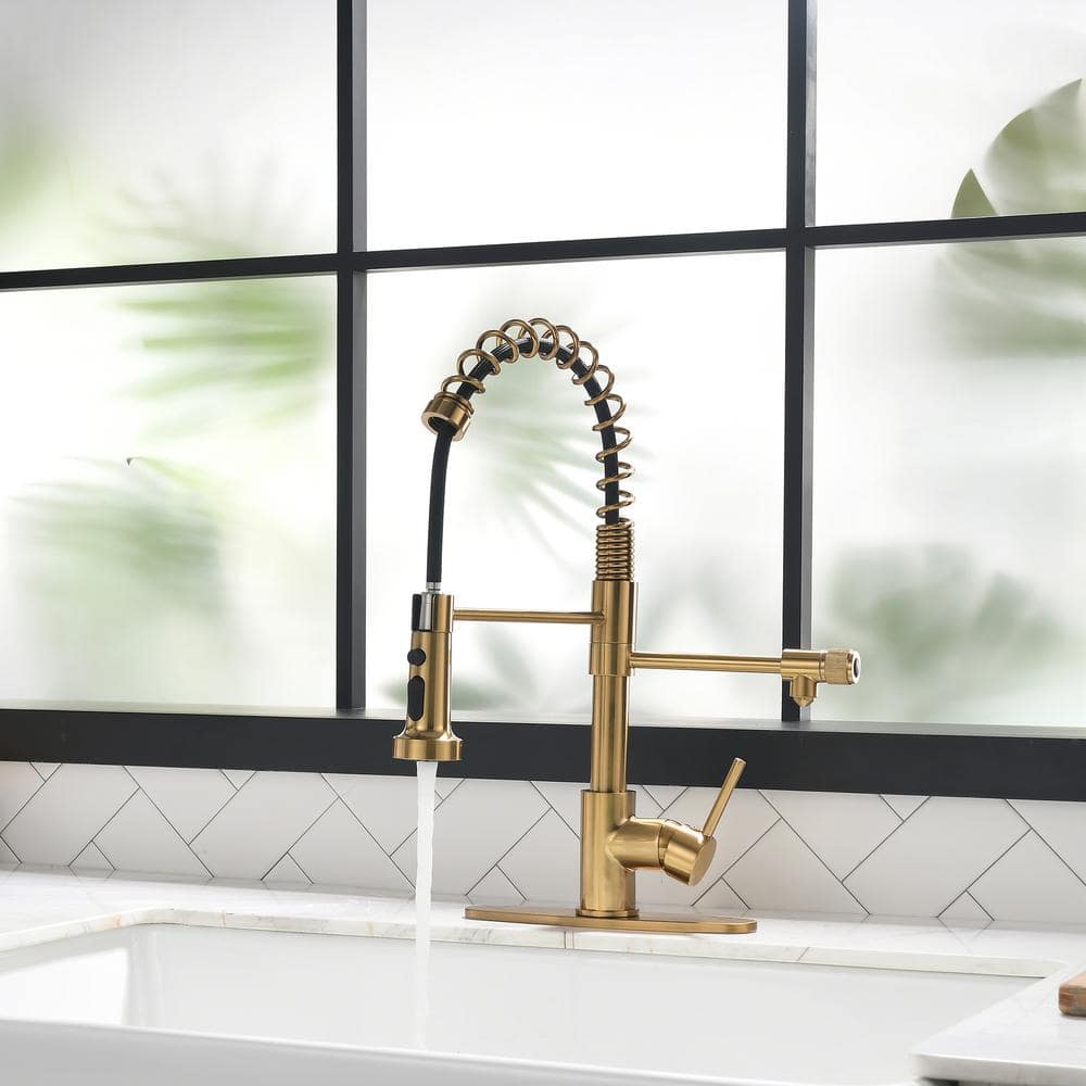  Single Handle Pull-Down Sprayer Kitchen Faucet 3 Way Without Deck Plate In Brushed Gold