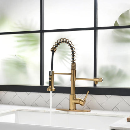  Single Handle Pull-Down Sprayer Kitchen Faucet 3 Way Without Deck Plate In Brushed Gold