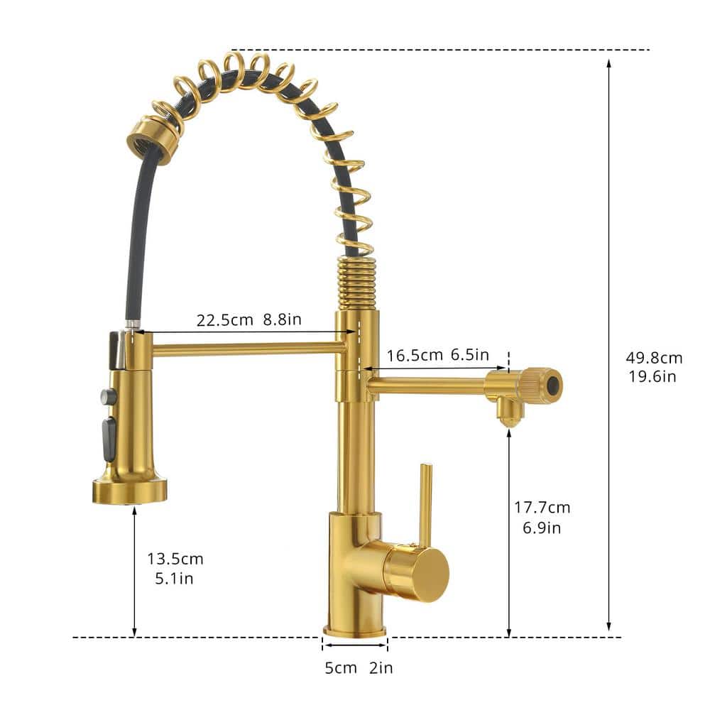  Single Handle Pull-Down Sprayer Kitchen Faucet 3 Way Without Deck Plate In Brushed Gold