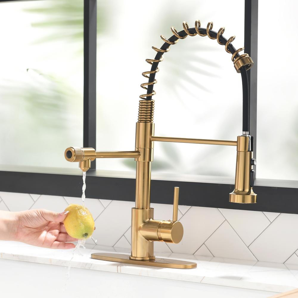  Single Handle Pull-Down Sprayer Kitchen Faucet 3 Way Without Deck Plate In Brushed Gold