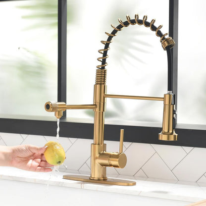  Single Handle Pull-Down Sprayer Kitchen Faucet 3 Way Without Deck Plate In Brushed Gold