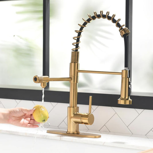  Single Handle Pull-Down Sprayer Kitchen Faucet 3 Way Without Deck Plate In Brushed Gold