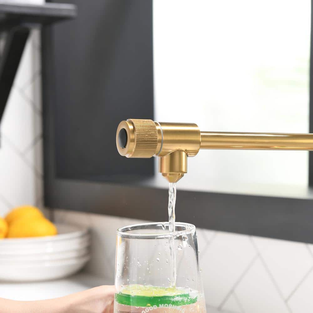  Single Handle Pull-Down Sprayer Kitchen Faucet 3 Way Without Deck Plate In Brushed Gold