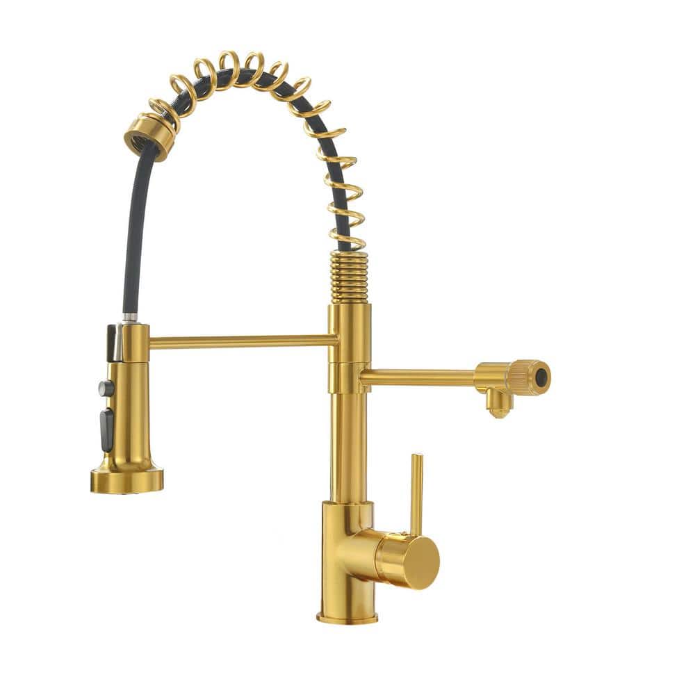  Single Handle Pull-Down Sprayer Kitchen Faucet 3 Way Without Deck Plate In Brushed Gold