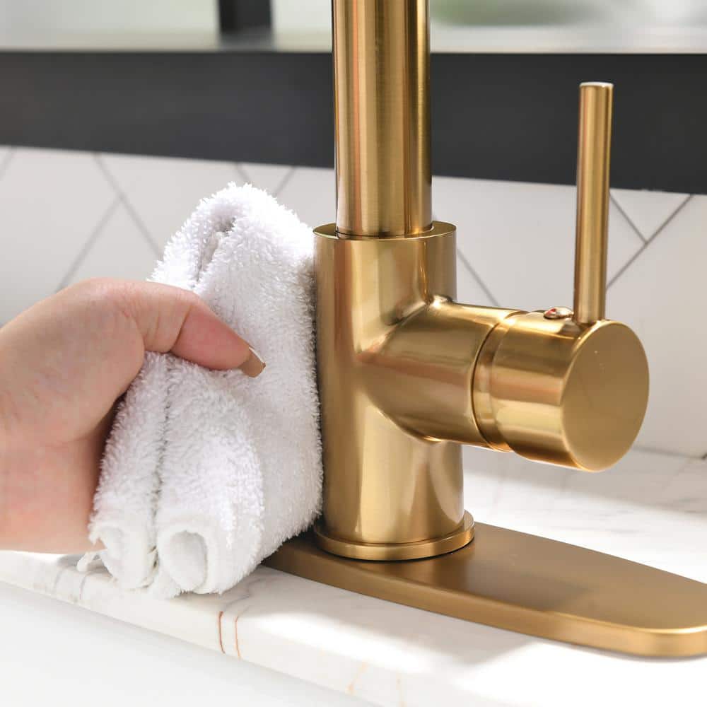  Single Handle Pull-Down Sprayer Kitchen Faucet 3 Way Without Deck Plate In Brushed Gold