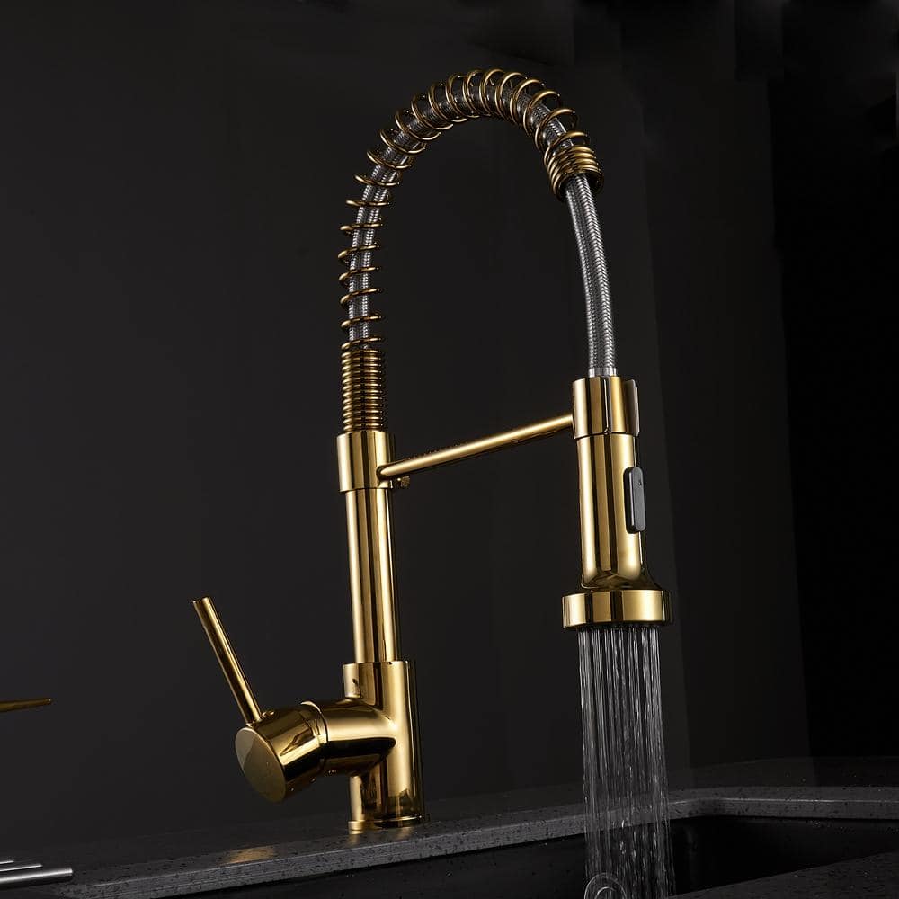  Modern Single Handle Pull Down Sprayer Kitchen Faucet High-Arc In Brushed Gold