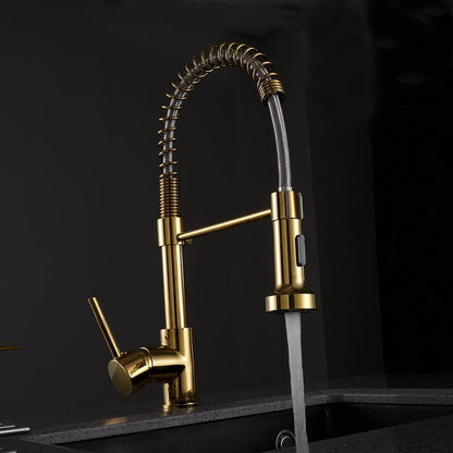  Modern Single Handle Pull Down Sprayer Kitchen Faucet High-Arc In Brushed Gold