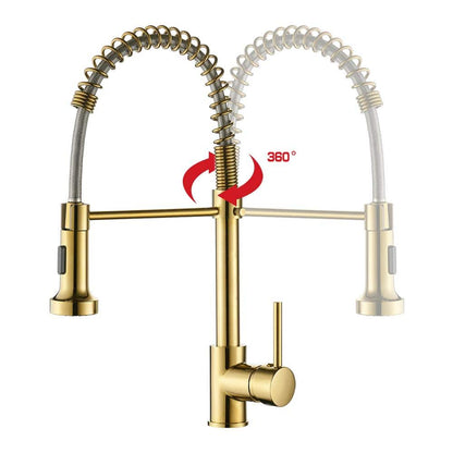  Modern Single Handle Pull Down Sprayer Kitchen Faucet High-Arc In Brushed Gold