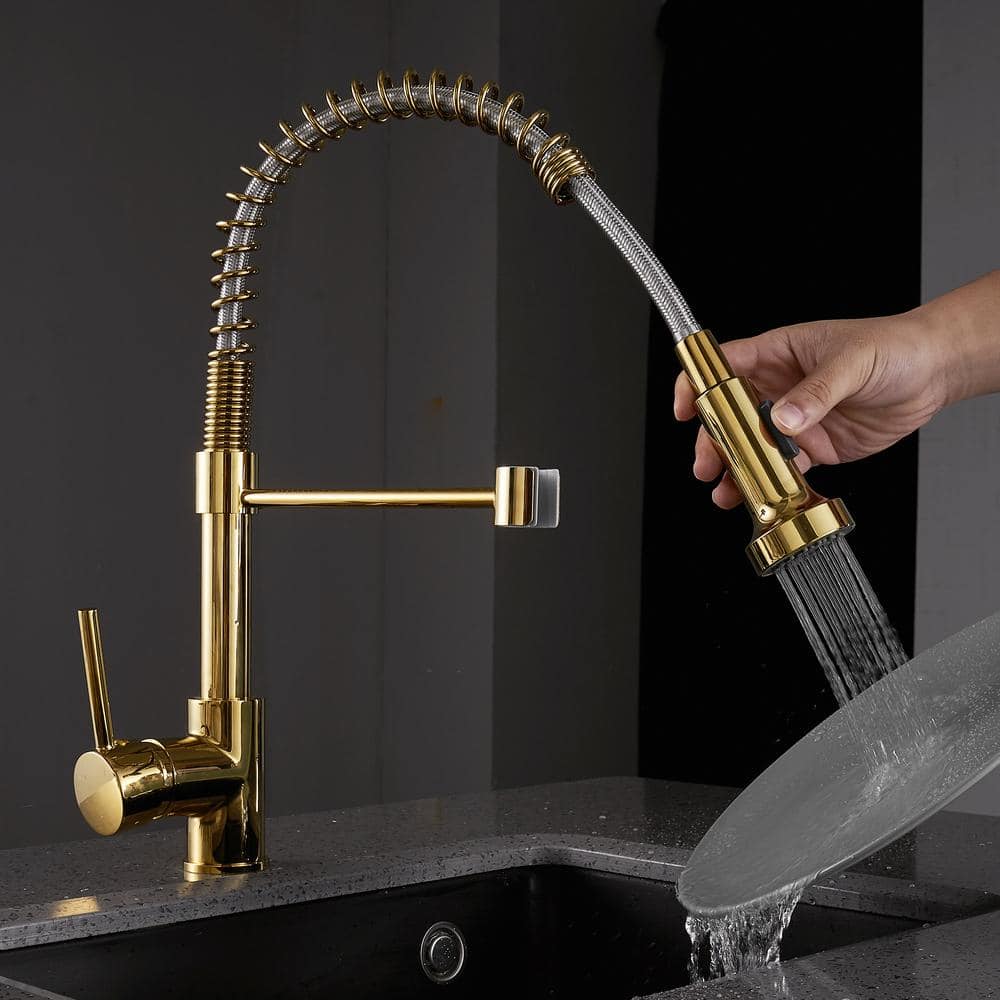  Modern Single Handle Pull Down Sprayer Kitchen Faucet High-Arc In Brushed Gold