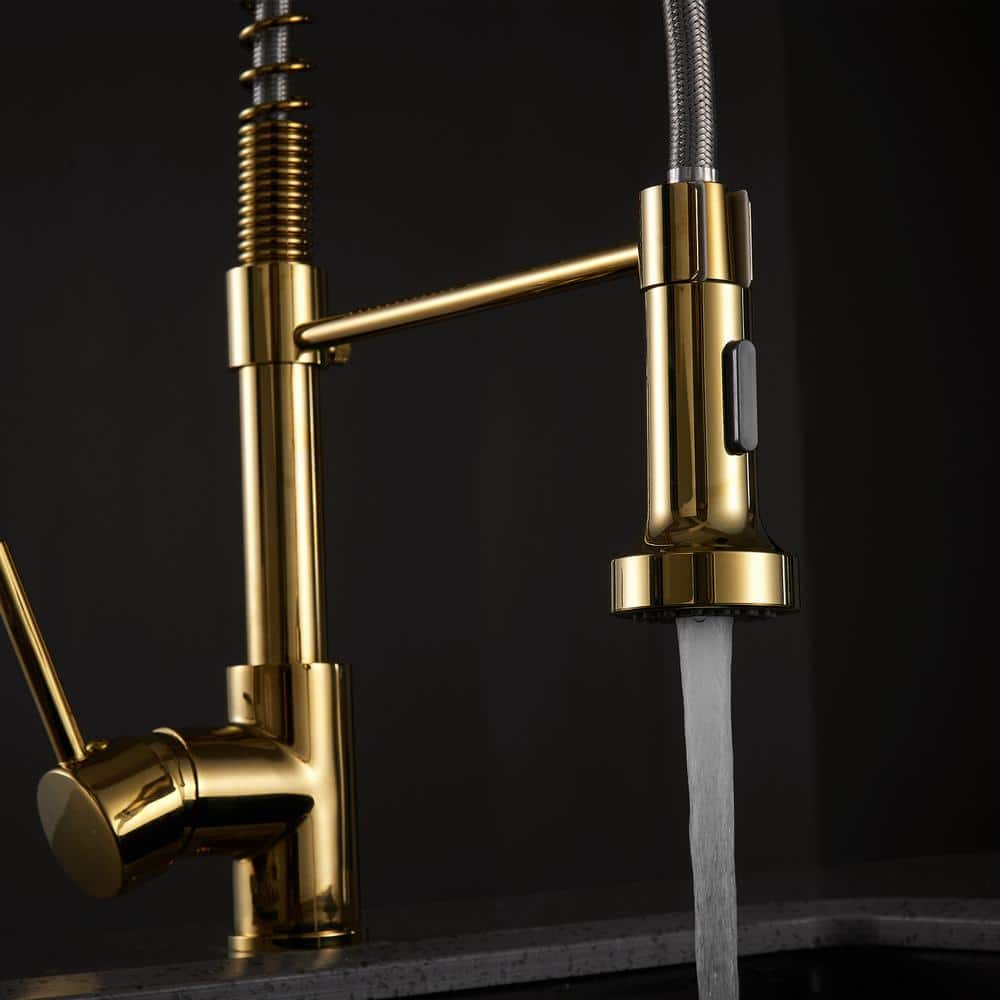  Modern Single Handle Pull Down Sprayer Kitchen Faucet High-Arc In Brushed Gold