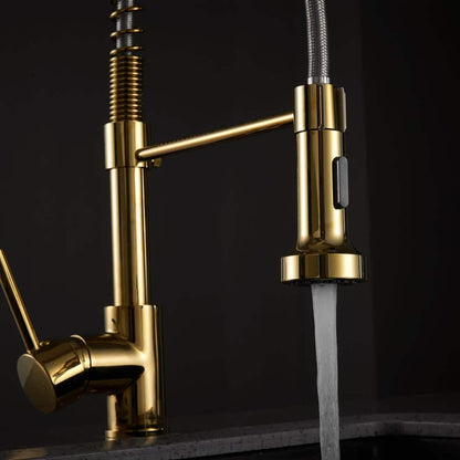  Modern Single Handle Pull Down Sprayer Kitchen Faucet High-Arc In Brushed Gold